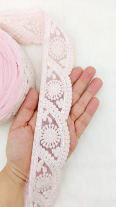 Scallop Net Fabric Lace Trim Floral Embroidery and White Sequins, Floral Sari Border, Decorative Trim